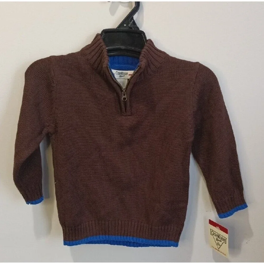Oshkosh Bgosh Brown Pullover 1/4 Zip Sweater Blue Trim Boys 24M New With Tags